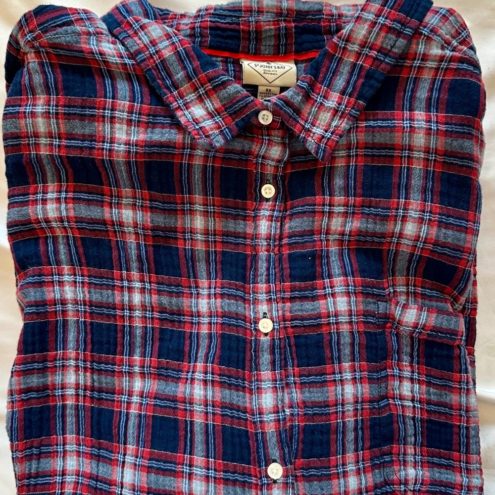 St Johns Bay Womens 5X Plaid Button Down Shirt Navy Red Double Gauze Cotton